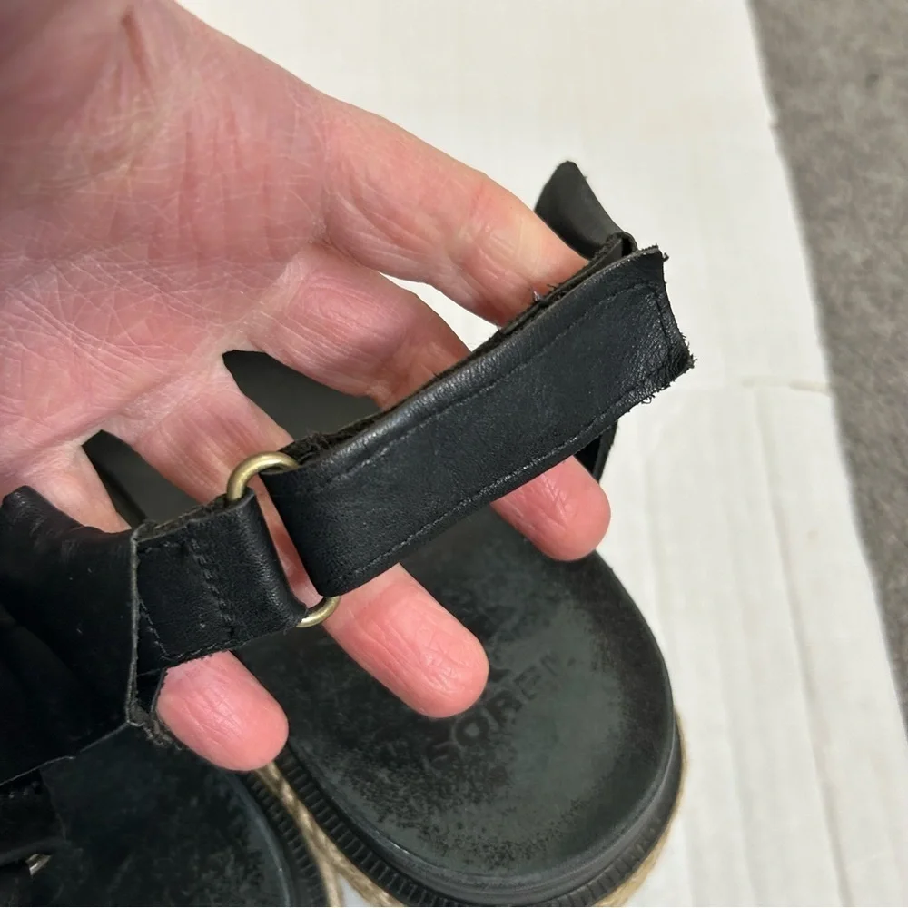 Sorel Roaming Criss Cross Sandals Jute Black Leather Size 8 Espadrille Summer - Picture 10 of 10